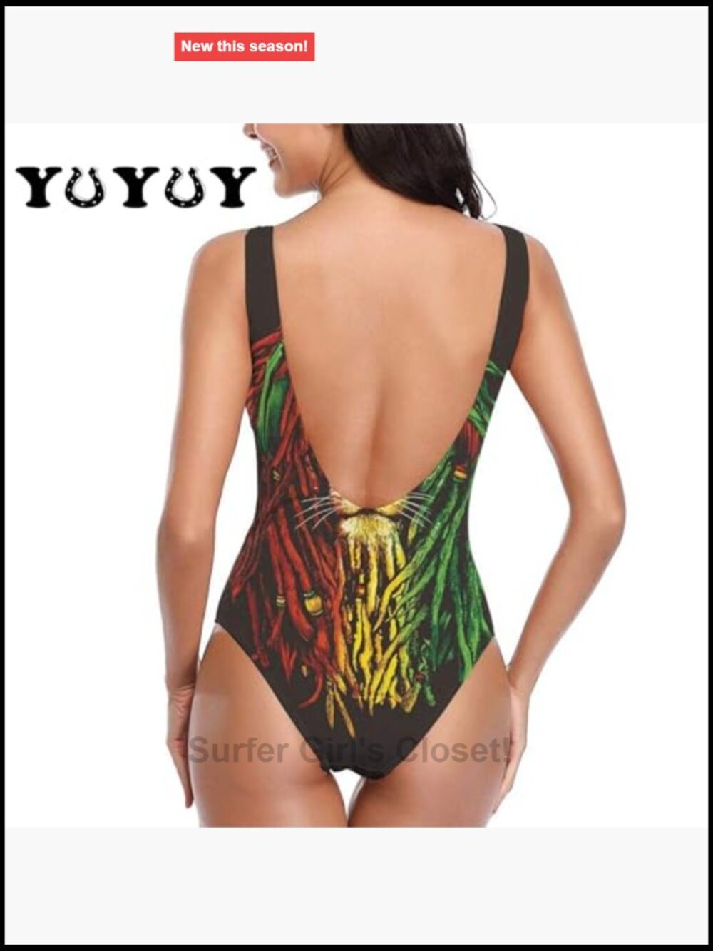 Rasta Lion Print One-Piece Swimsuit High Leg Retro Bathing Suit - Picture 2 of 6